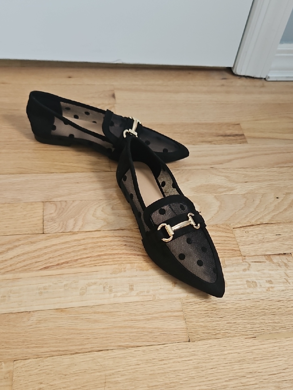 Black Mesh Polka Dot Pointed Toe Flats with Gold Accent Brand New
